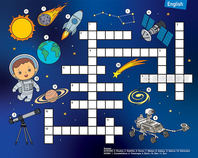 英语填字游戏，儿童关于太空的教育游戏