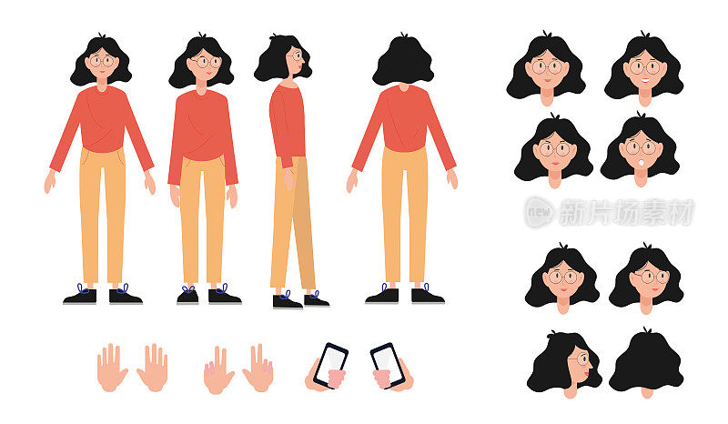 戴眼镜的年轻女子卡通人物构造师创造矢量插图集。女性构造师，在脸、手、腿、姿势上有各种情绪。