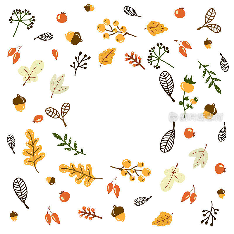 矢量花环的秋天的叶子和浆果在手绘风格。美丽的圆形花环，黄色和红色的叶子，橡子，浆果，球果和树枝。装饰请柬，贺卡，海报。
