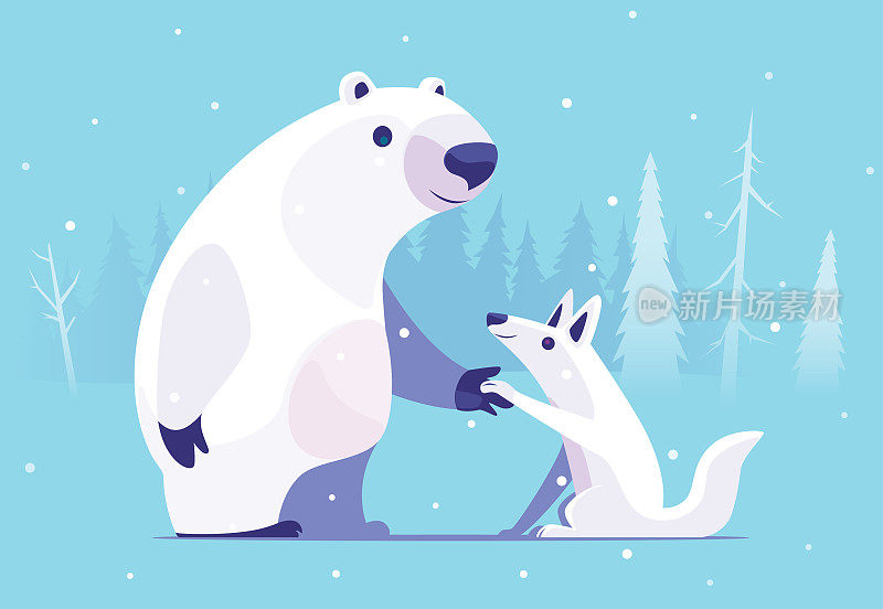 北极熊和北极狼相遇并握手