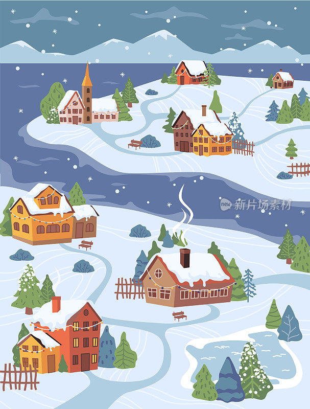 新年圣诞乡村风光，村舍和树在雪，平面卡通设计。向量山和星空，小路和冷杉和云杉，乡村，带花环的房子，篱笆