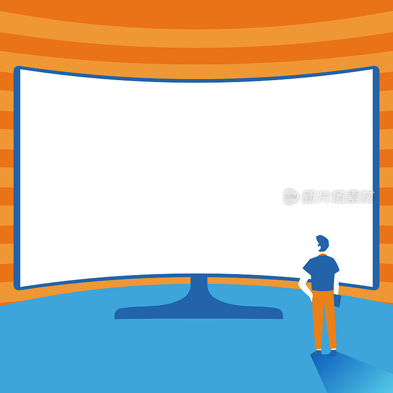 男人站在巨大的显示屏前，绅士看超大投影仪演示屏幕，成人旁边的大电视。