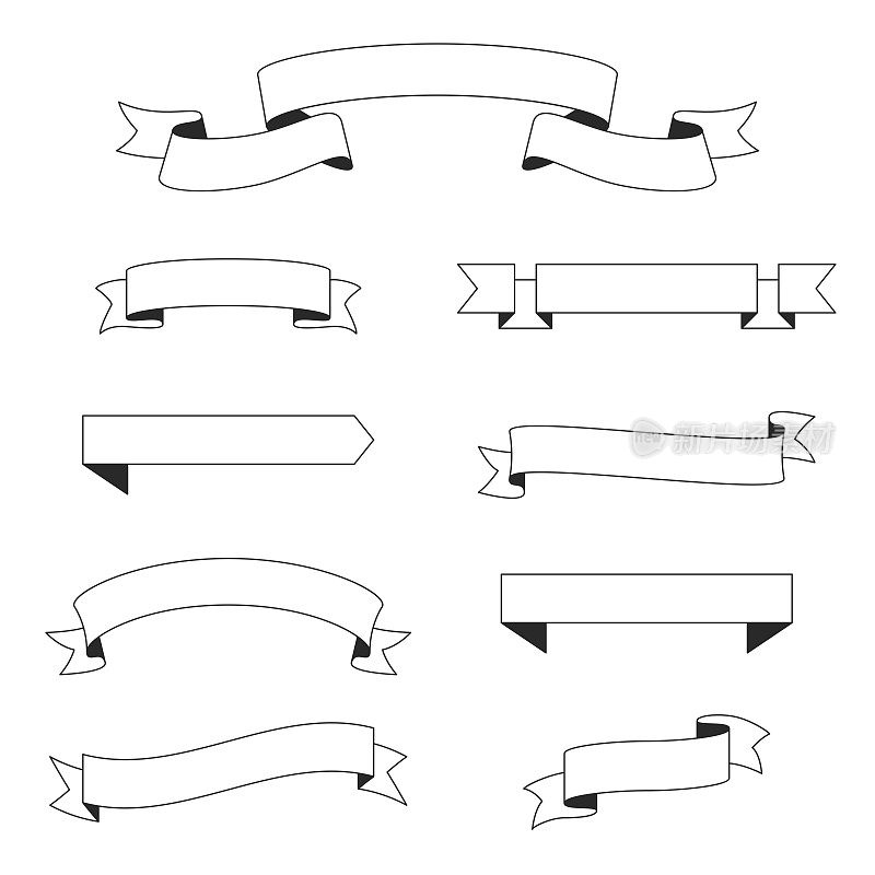 一套丝带，横幅(轮廓，线条艺术)-设计元素在白色的背景