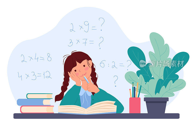 小女孩坐在一张桌子上看书，嘴里嚼着一支铅笔。一个女学生正在学习乘法表。后面有一些数学例子。