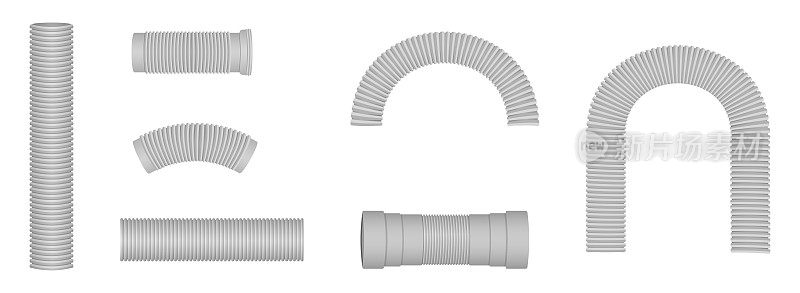 各种形状的波纹软管连接。弯曲的塑料管。