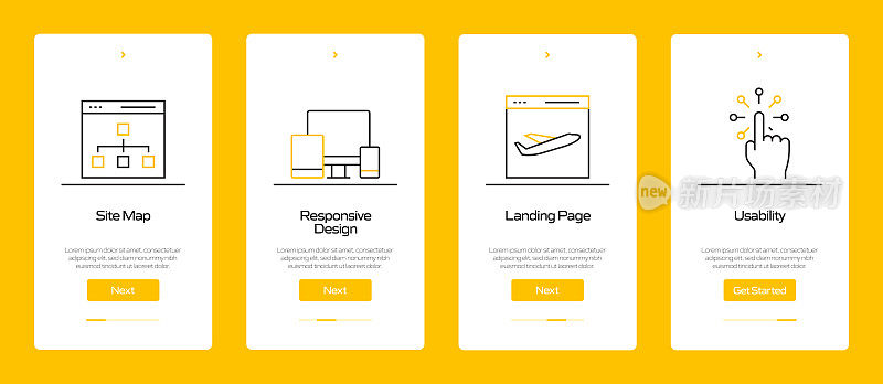 搜索引擎优化概念Onboarding移动应用程序页面屏幕与平面图标。用户体验，UI设计模板矢量插图
