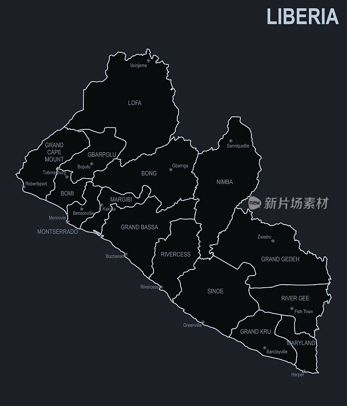 利比里亚的平面地图，以黑色为背景的城市和地区