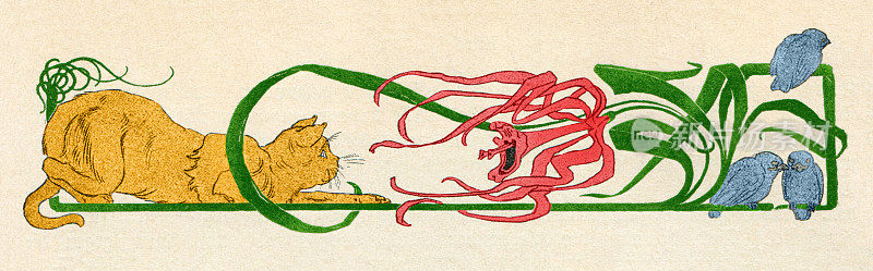 新艺术设计元素的装饰猫追鸟后面的花画1898