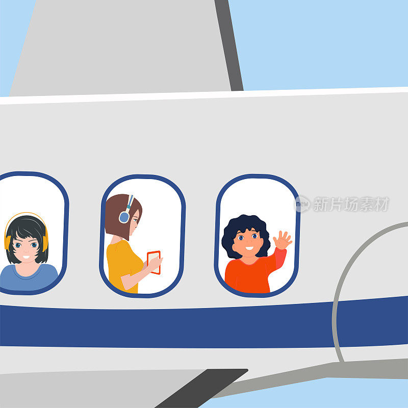 戴着耳机的孩子们正在飞机上飞行。他们的脸可以从舷窗里看到。一个有趣的旅程。青少年。乘客在飞行中向窗外看。向量