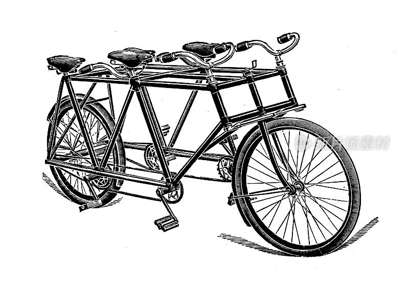 古董插图:交通工具的发明,多辆自行车