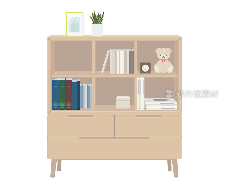 矢量插图的抽屉柜与书架孤立的背景。