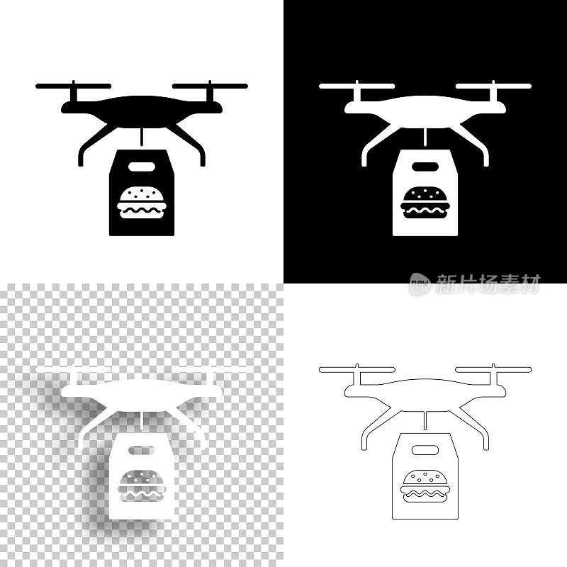 带汉堡的外卖无人机。图标设计。空白，白色和黑色背景-线图标