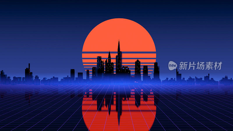 复古浪潮城市背景。霓虹灯夜景，带有八九十年代风格和美学的未来主义城市。合成波，赛博朋克，电脑视频游戏，概念。