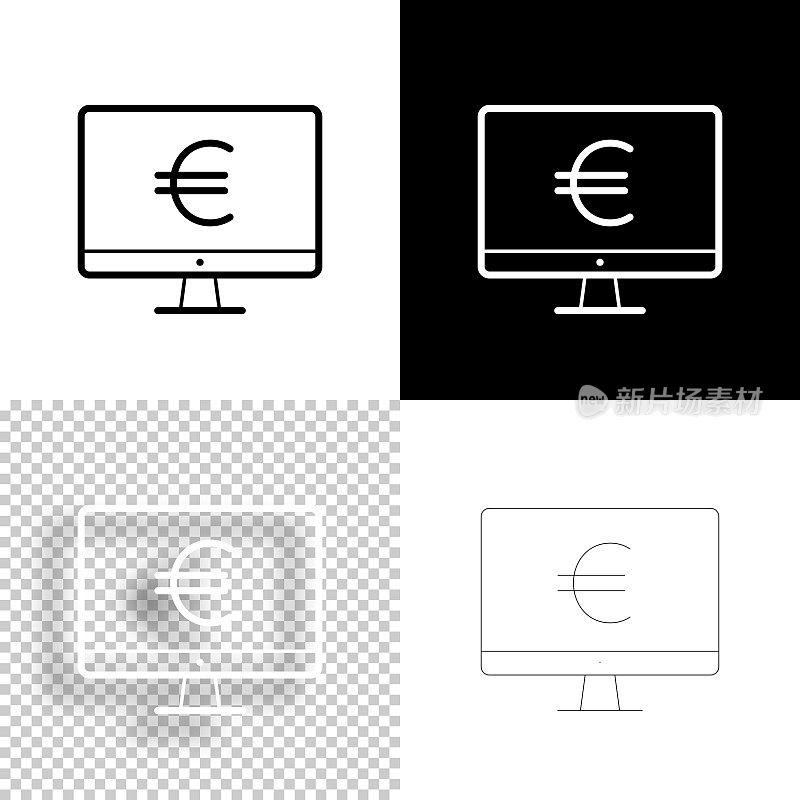 桌面电脑与欧元符号。图标设计。空白，白色和黑色背景-线图标