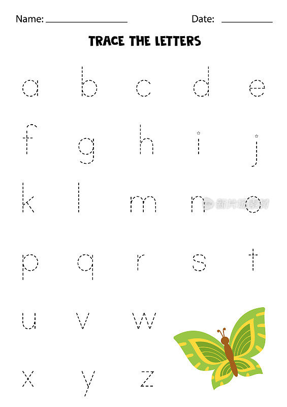 学习字母表。跟踪信。可爱的卡通蝴蝶。