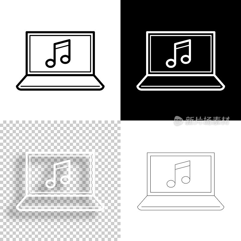 音乐上的笔记本电脑。图标设计。空白，白色和黑色背景-线图标