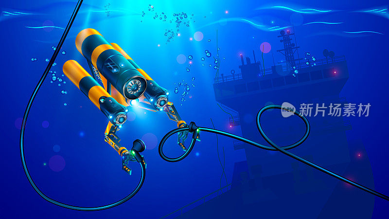 带有操纵器或机械臂的自主水下rov或无人机。现代遥控潜水器。用于深海水下探测的水下机器人。