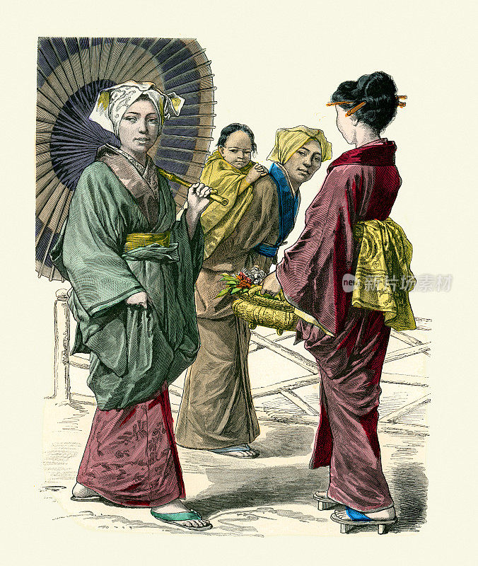 日本传统服饰，日本女性，阳伞，凉鞋，盖塔，和服，19世纪时装史