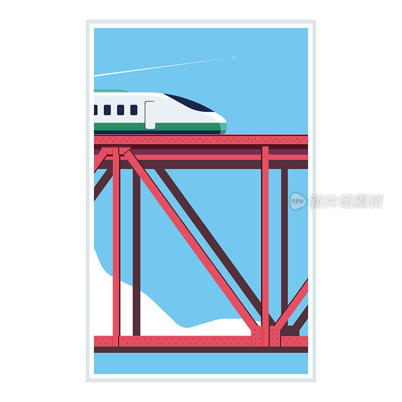 高速列车。铁路桥上的运输模板。飞行飞机简约。现代插图向量。海报。蓝色的天空。