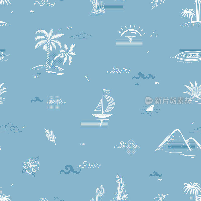假期的主题。夏季海景无缝蓝白图案。棕榈树，岛屿，海浪，帆船，热带植物和阳光黎明。矢量插图。