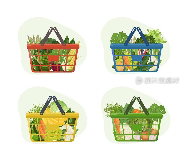 菜篮子里装满了当地农贸市场的新鲜绿色蔬菜和水果。健康的素食套餐。矢量插图孤立在白色背景上