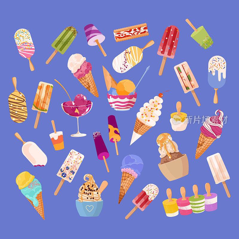 雪糕，棒子，勺子，冰棒，华夫蛋筒矢量集。夏日五彩缤纷的甜品插画