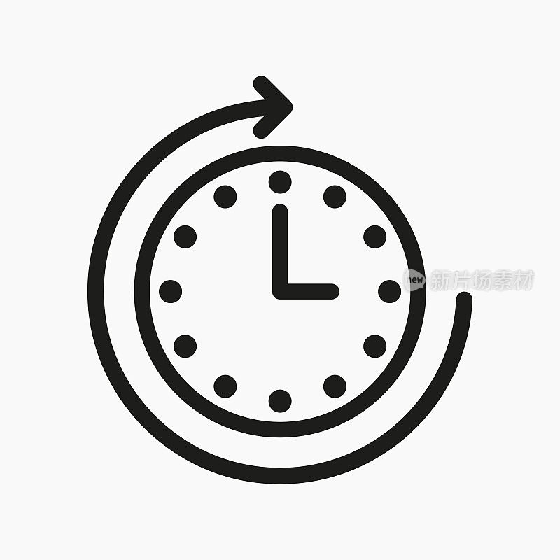 时钟与圆形箭头线图标。24、二十四小时，手，计划，时间表，时间表，叫醒，提醒，约会。时间管理的概念。矢量线图标的业务和广告