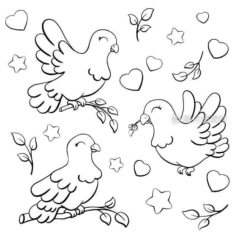 鸽子是和平与爱的象征。儿童涂色页面。数字印章。卡通风格的角色。矢量插图孤立在白色背景上。
