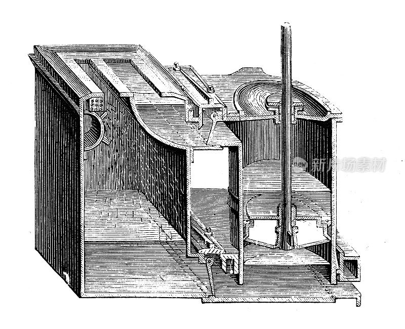 古董插图，应用力学:蒸汽动力机器，冷凝器