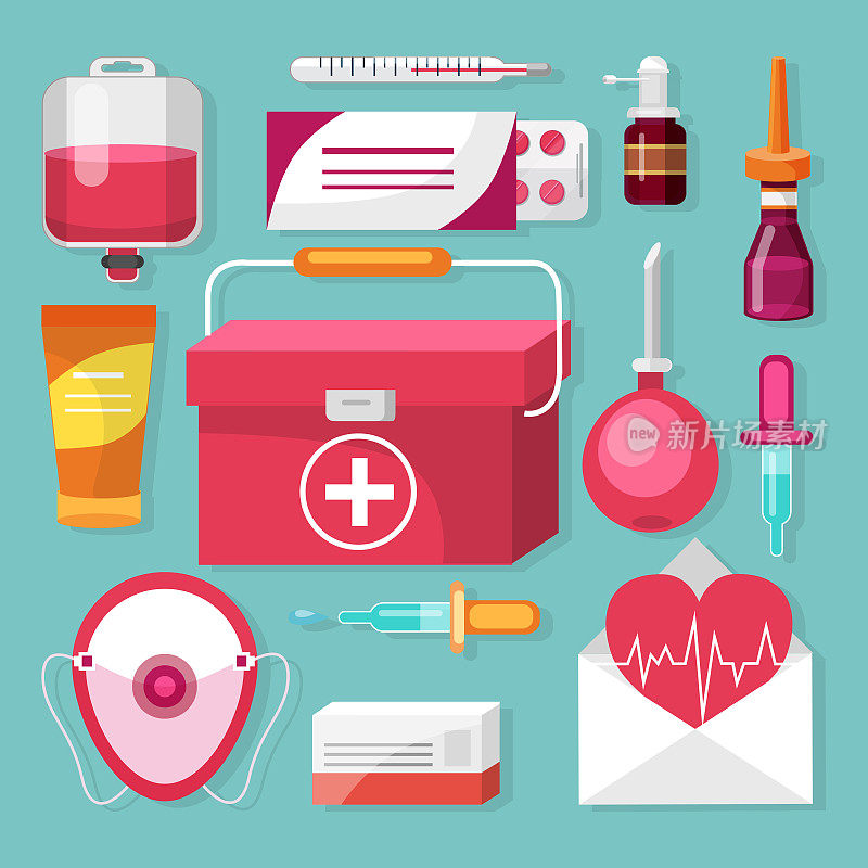 扁平风格的医学、保健和急救概念。在彩色抽象背景上的一套药品和物品。