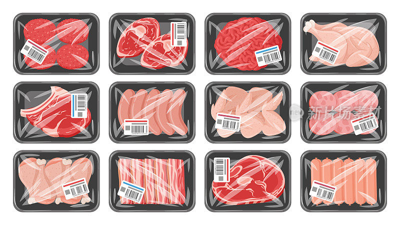 卡通冻肉产品真空塑料包装。生牛排，鸡胸肉和香肠包装聚乙烯平矢量插图集。肉类食品放在塑料托盘里