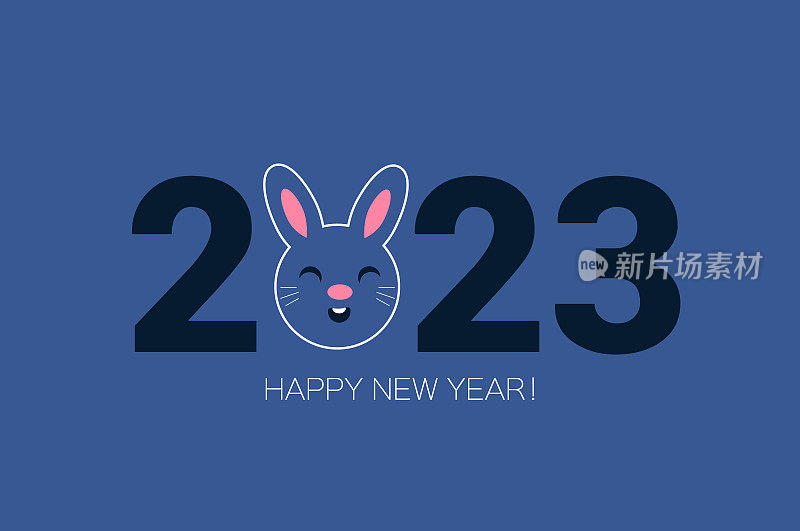 2023年生肖兔年，兔年快乐。可爱的兔子。圣诞节的时间。蓝色的旗帜。寒假。