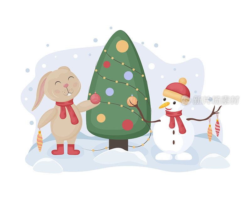 圣诞兔子。可爱的新年插画，图案是新年的象征——兔子。一只兔子和一个雪人站在一棵装饰好的圣诞树旁。向量