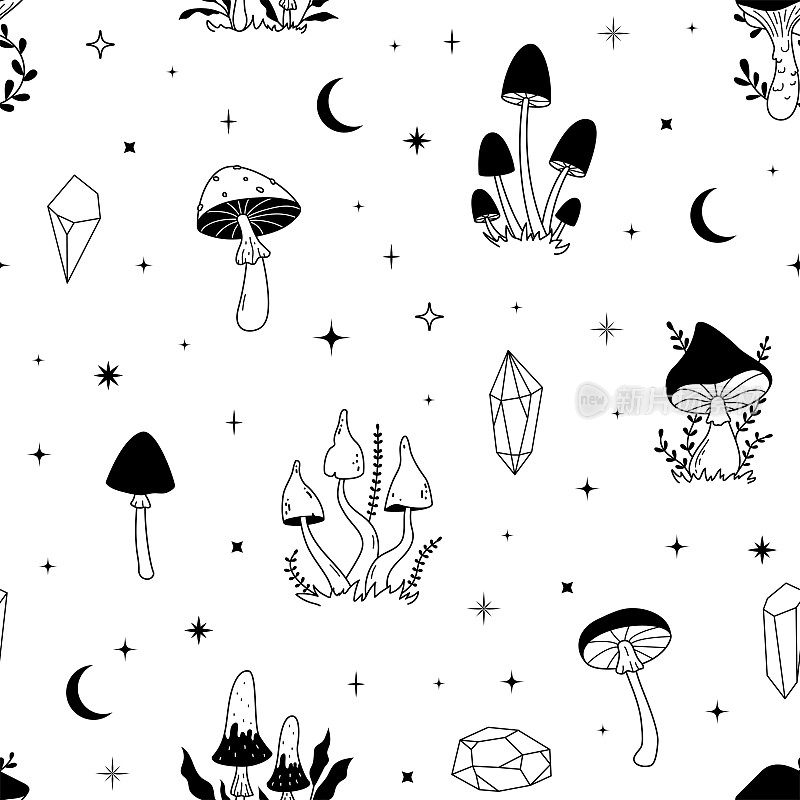 天蘑菇与星星和水晶的无缝模式。神秘线各种食用和非食用蘑菇