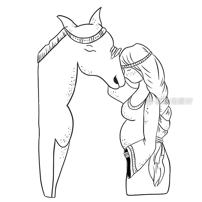 一个孕妇和一匹马的插图，黑白图像，线条艺术