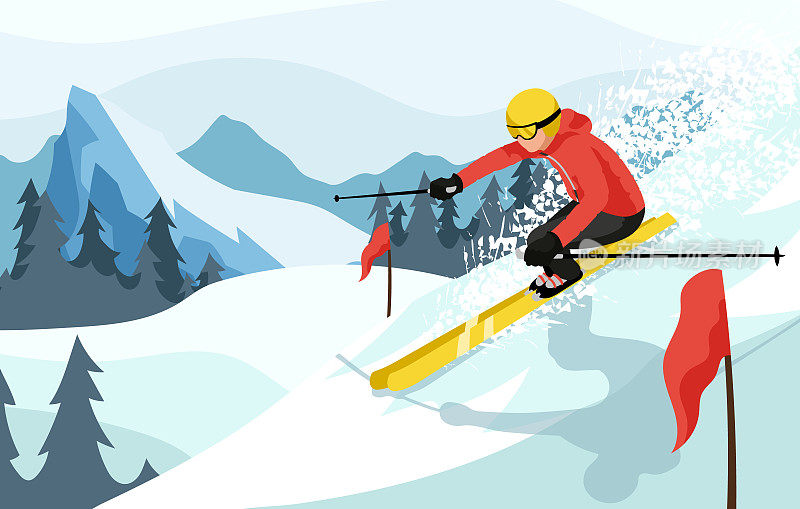 滑雪者在山坡上滑行。在白雪皑皑的阿尔卑斯山滑雪的冬季体育竞赛活动。滑雪胜地的极限滑雪。乡村交叉景观与障碍旗的背景。矢量图