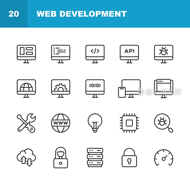 Web开发行图标。可编辑的中风。像素完美。移动和网络。包含人工智能、云计算、数据科学、数据库、设计、工程师、编程、搜索引擎优化、软件开发、网页设计等图标。