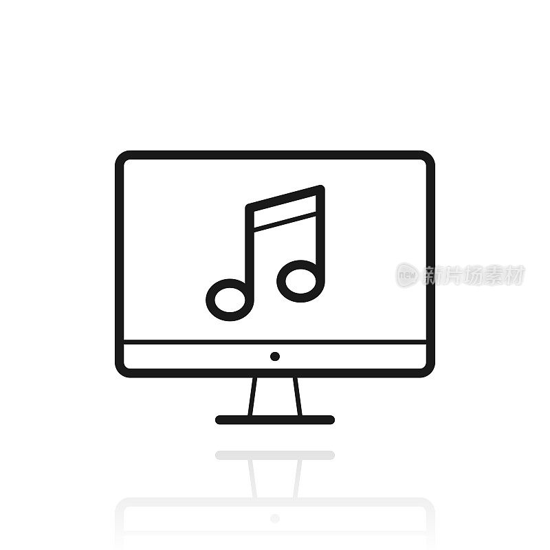 台式电脑上的音乐。白色背景上反射的图标