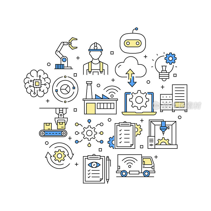 工业4.0相关矢量横幅设计概念，现代线条风格与图标