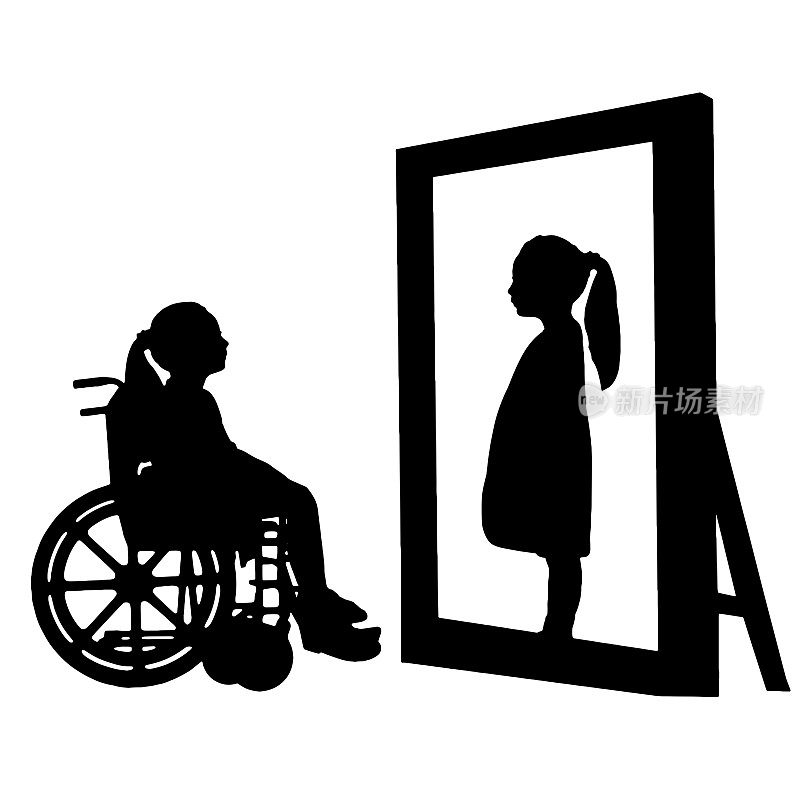 残疾女孩坐在轮椅上，看着镜子里的自己，看到了一个健康的站姿。矢量剪影