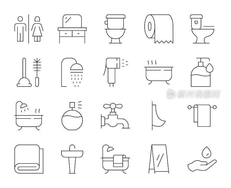 浴缸和浴室-细线图标