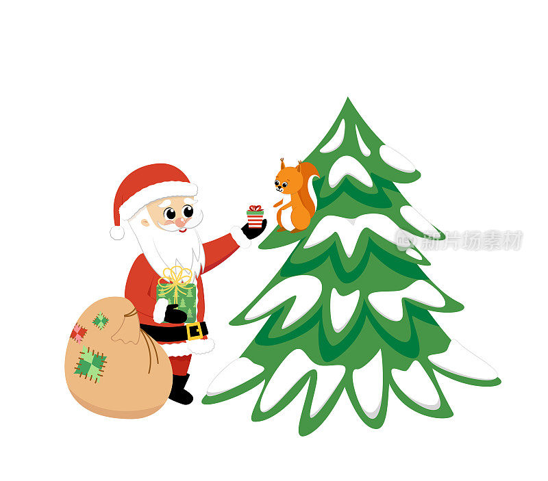 圣诞老人正在给松鼠送礼物。圣诞老人，礼物，松鼠，冷杉树。平面，卡通，矢量
