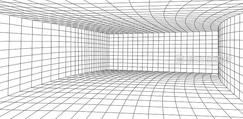 白色线框房间。空透视框。未来的数字网格立方体。虚拟现实中的网络空间。矢量插图。