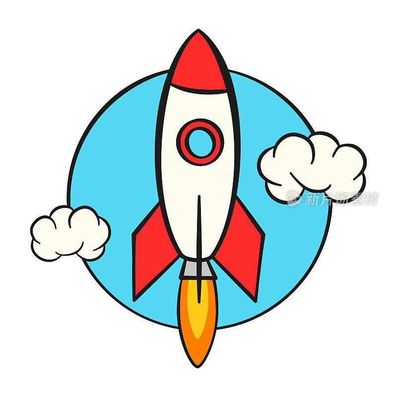 创业理念。火箭发射，蓝色背景和云层。卡通。向量