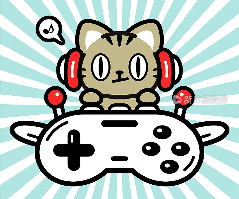 可爱的角色设计，一只小猫戴着耳机，驾驶着一架由游戏控制器制成的飞机