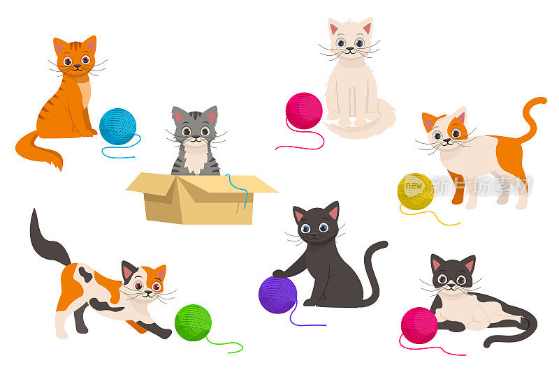 一组可爱的猫在玩五颜六色的线球。