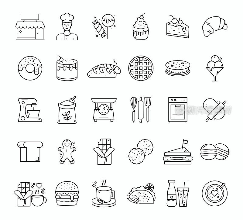 面包店线图标可编辑的描边。烤箱，面粉，面包头，厨师，搅拌机，蛋糕