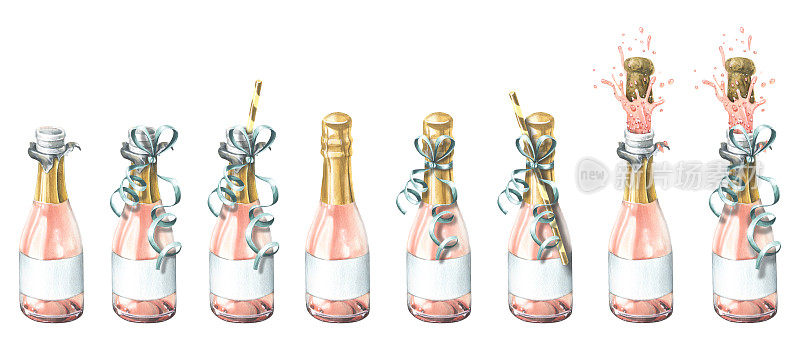 一大串开着、关着、溅着的玫瑰香槟酒，上面系着喜庆的丝带和吸管。水彩插图，手绘。白色背景上的孤立物体。
