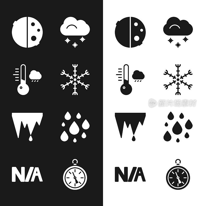 集雪花，气象温度计，日蚀，云与雪，冰柱，水滴，指南针和不适用的图标。向量