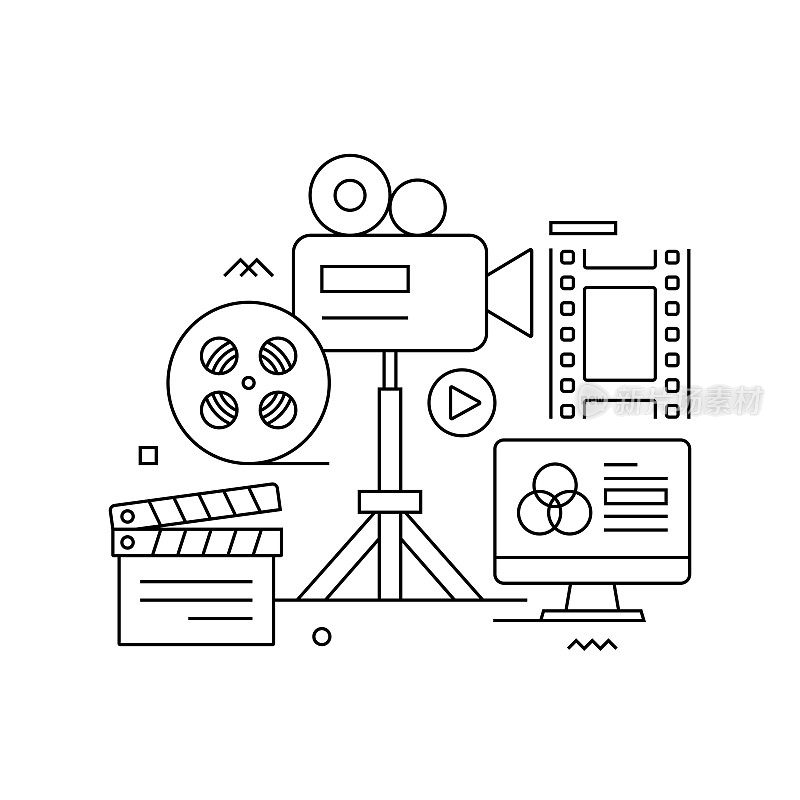 矢量集插图电影制作概念。线条艺术风格的背景设计，网页，横幅，海报，印刷品等。矢量插图。